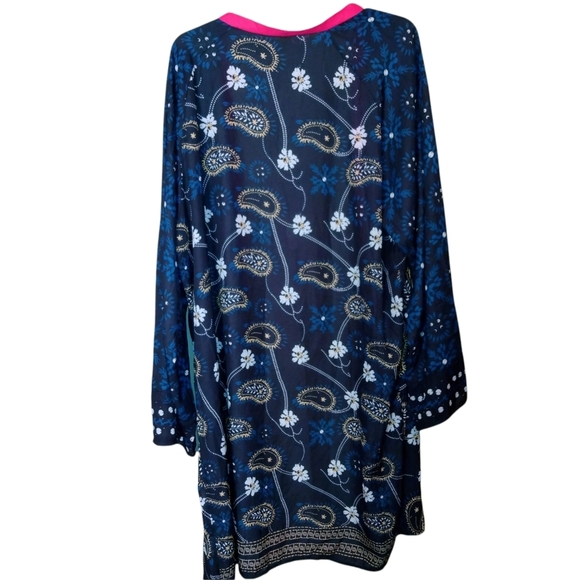 Boho Kimono, Coverup, Robe, Beach Kimono Dark Blue w/Florals and Shapes Size 5XL - Picture 2 of 4